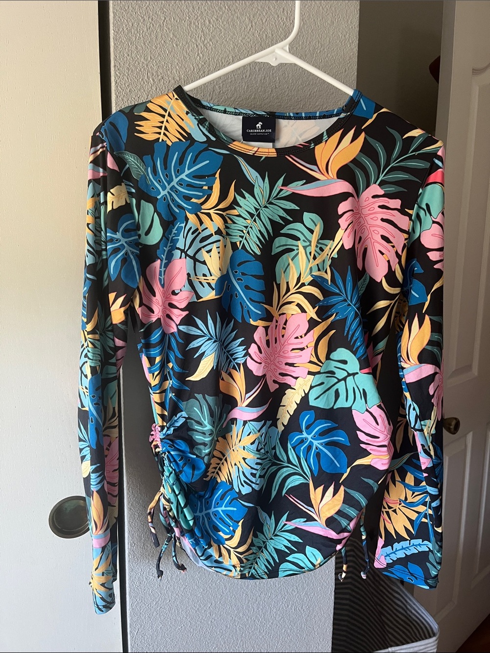 Caribbean Joe Black Tropical Leaf Print Top with Teal, Yellow, Pink